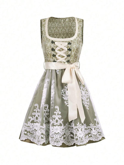 Damen Midi Dirndl mit Spitze & Schürze | Oktoberfest Trachtenkleid | DirndlGlanz