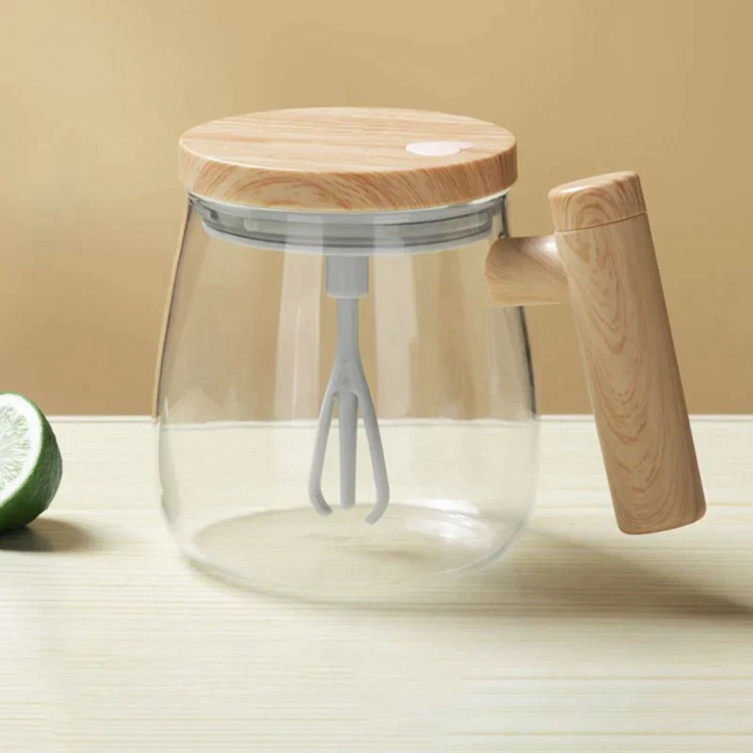 Kaffeetasse automatisch | Selbstrührende Teetasse mit Griff aus Holz | RuhrTasse