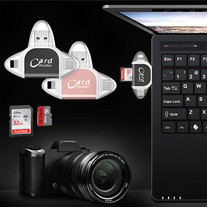 SD Kartenleser mit USB A, USB C, Micro USB & Lightning | Kartenlesegerät für iPhone, Android & Laptop | SD Kartenadapter | FlexiLink