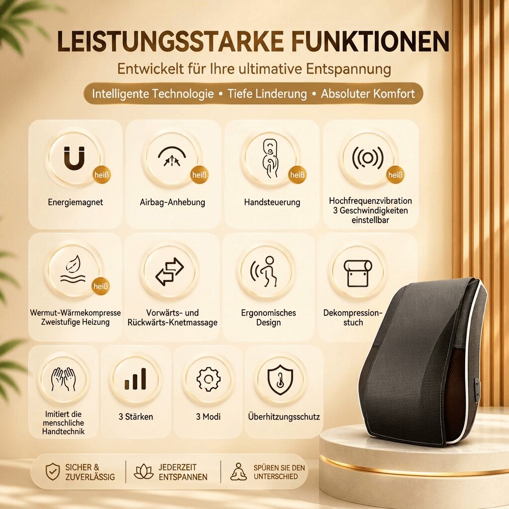NackenElys Shiatsu Massagekissen mit Wärmefunktion – Nacken | Schulter & Rücken Massagegerät | Schwarz