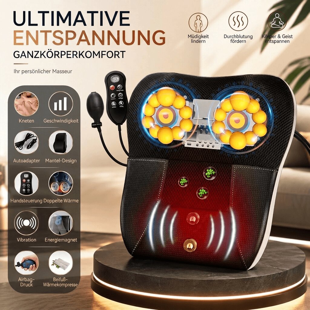 NackenElys Shiatsu Massagekissen mit Wärmefunktion – Nacken | Schulter & Rücken Massagegerät | Schwarz
