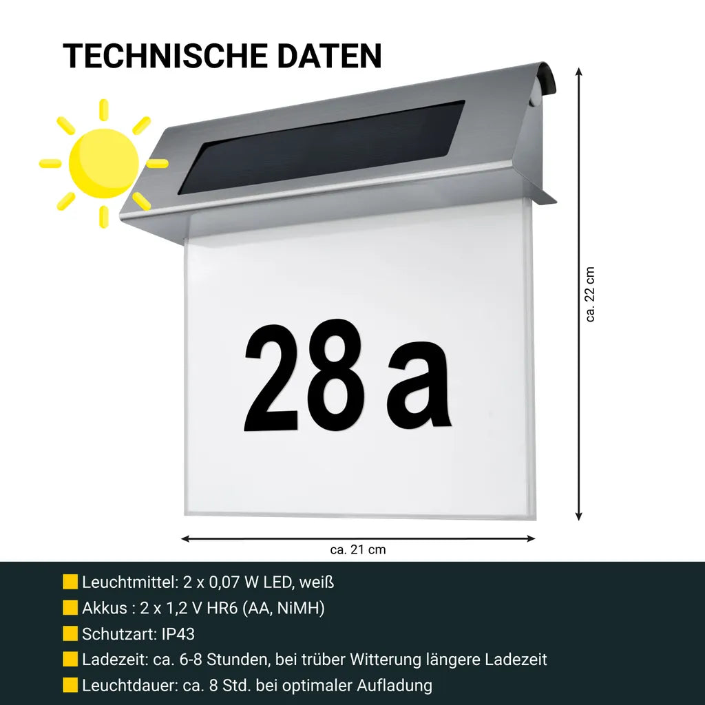 Solar Hausnummer mit LED Beleuchtung ohne Strom aus Edelstahl | Solarno