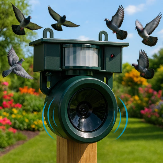 Tauben vertreiben von Balkon & Garten | Vogelabwehr Gerät | VogelBlock