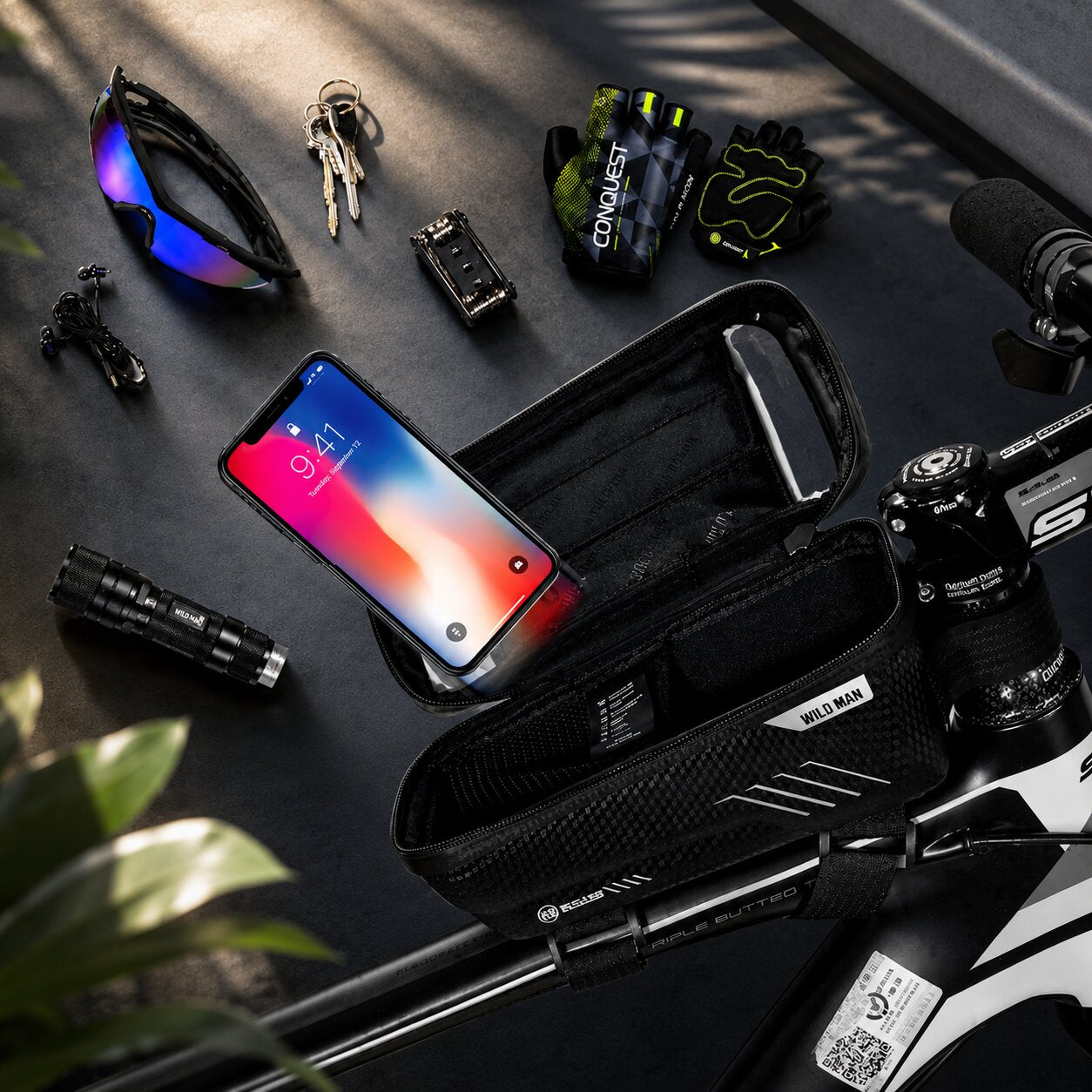 Wasserdichte Fahrradtasche Oberrohr – Rahmentasche mit Handyhalterung | Schwarz